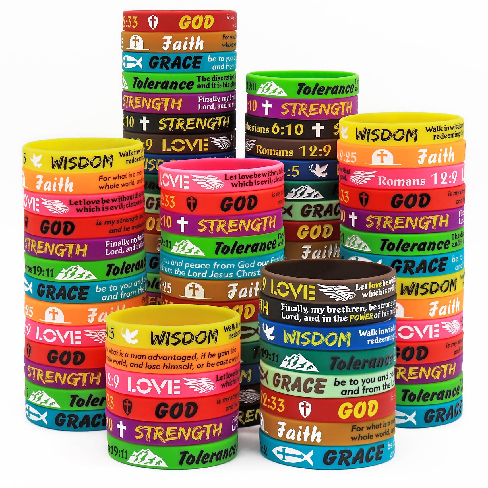 NAHRMY 70 pcs Faith Bible Verses Rubber Bracelets Silicone Wristband, Christian Religious Silicone Wristbands Inspirational for Favors Church Party Gifts
