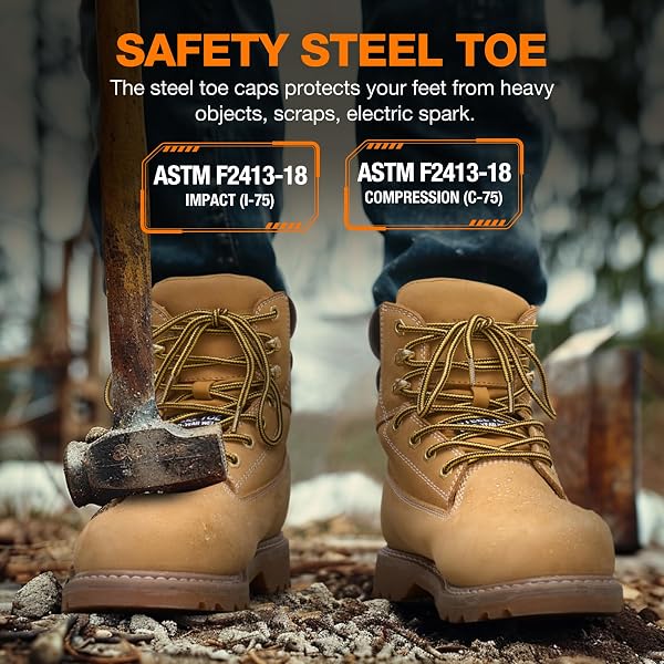 NINGO WATERPROOF STEEL TOE WORK BOOTS FOR MEN, 6″ NON SLIP COMFORTABLE LEATHER WORKBOOTS, MENS SAFETY CONSTRUCTION SHOES FOR OUTDOOR INDUSTRIAL