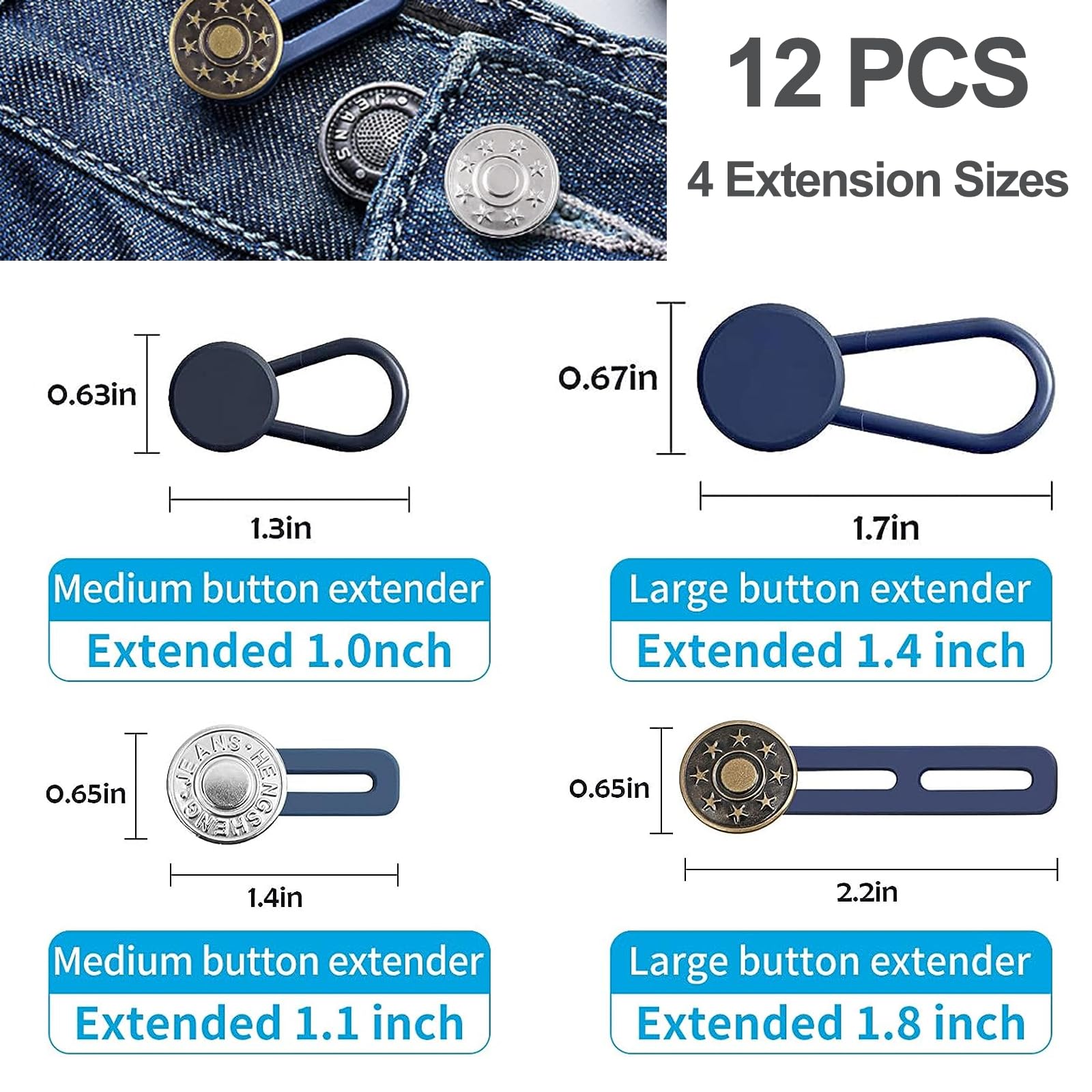 12PCS Button Extenders for Jeans, KAJUDA Pants Button Extender - Instant Waistband Extension - Adjustable Waist Extenders for Men and Women, No-Sew Solution, Assorted Colors