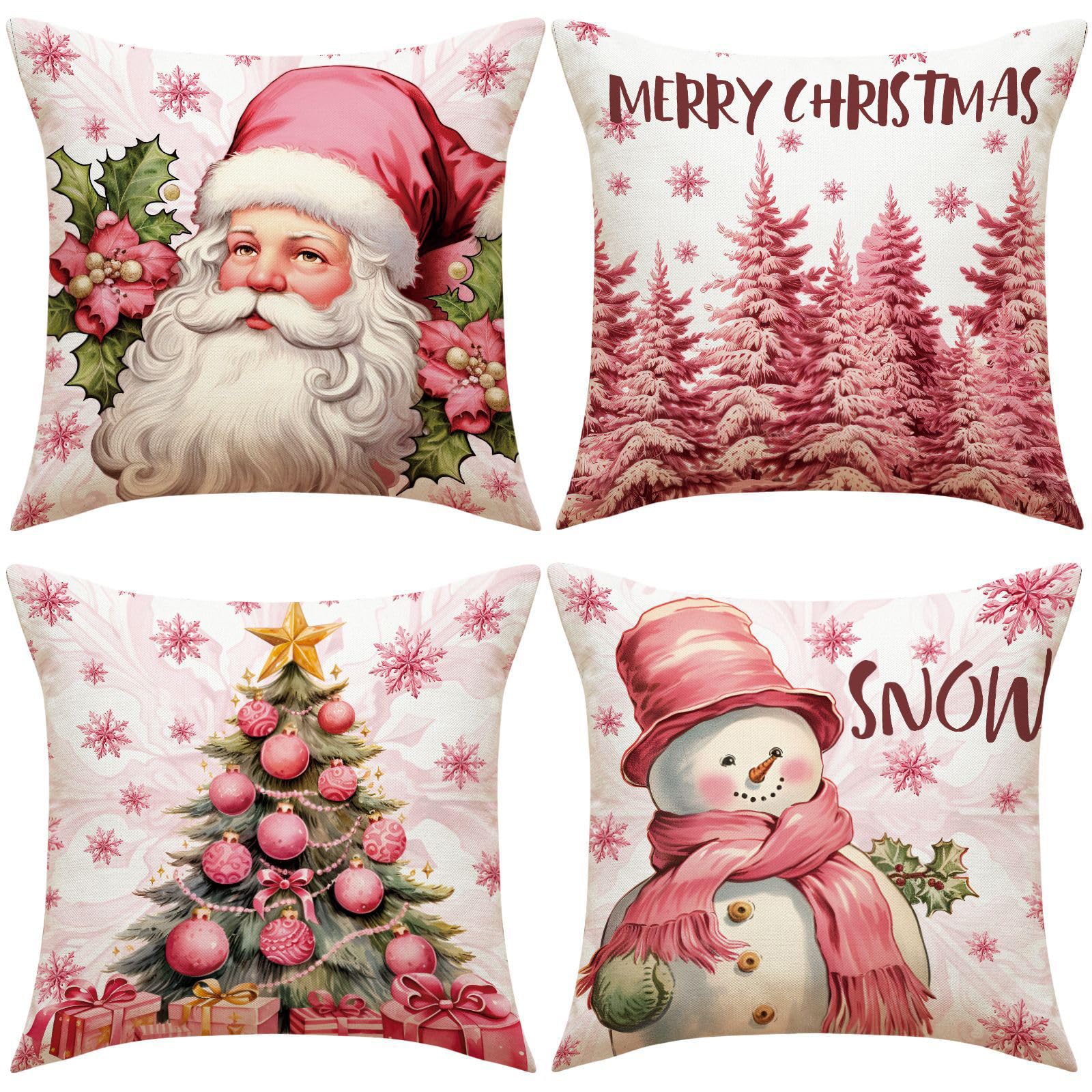 ESSECMBS 4Pcs Christmas Throw Pillow Covers 18 * 18inch Pink Cartoon Christmas Couch Pillow Cases Sofa Pillow Protectors Winter Holiday Home Decorations (4PCS B, 45 * 45cm/18 * 18inch)