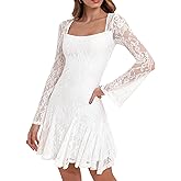 HYPERFIRE Women's Square Neck Floral Lace Mini Dress Flowy Short Dress Mesh Night Out Dresses Club Outfit