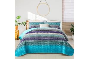 WONGS BEDDING Boho Quilt King Size, Blue Purple Bohemian King Quilt, Lightweight Microfiber Bed Decor Bedspread for All Season 103"x90"(3 Pieces)