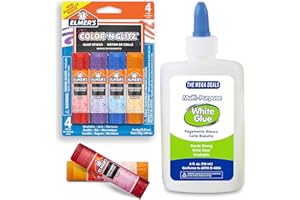 THE MEGA DEALS Elmers Glue Sticks, Color ‘n Glitz Glue Sticks 4 Count with White Glue – Bundle Pack, 0.21 oz Glue Sticks for Kids with 1 School Glue 4 oz