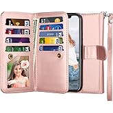 Njjex Wallet Case For iPhone X, For iPhone XS Case, PU Leather [9 Card Slots] Credit Folio Flip Cover [Detachable] [Kickstand] Magnetic Phone Case & Wrist Lanyard For iPhone X 2017/ XS 2018 [RoseGold]