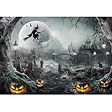 GiuMsi 7X5FT Polyester Halloween Backdrop Scary Horror Night Full Moon Witch Bats Pumpkins Photography Background for Kids Ad