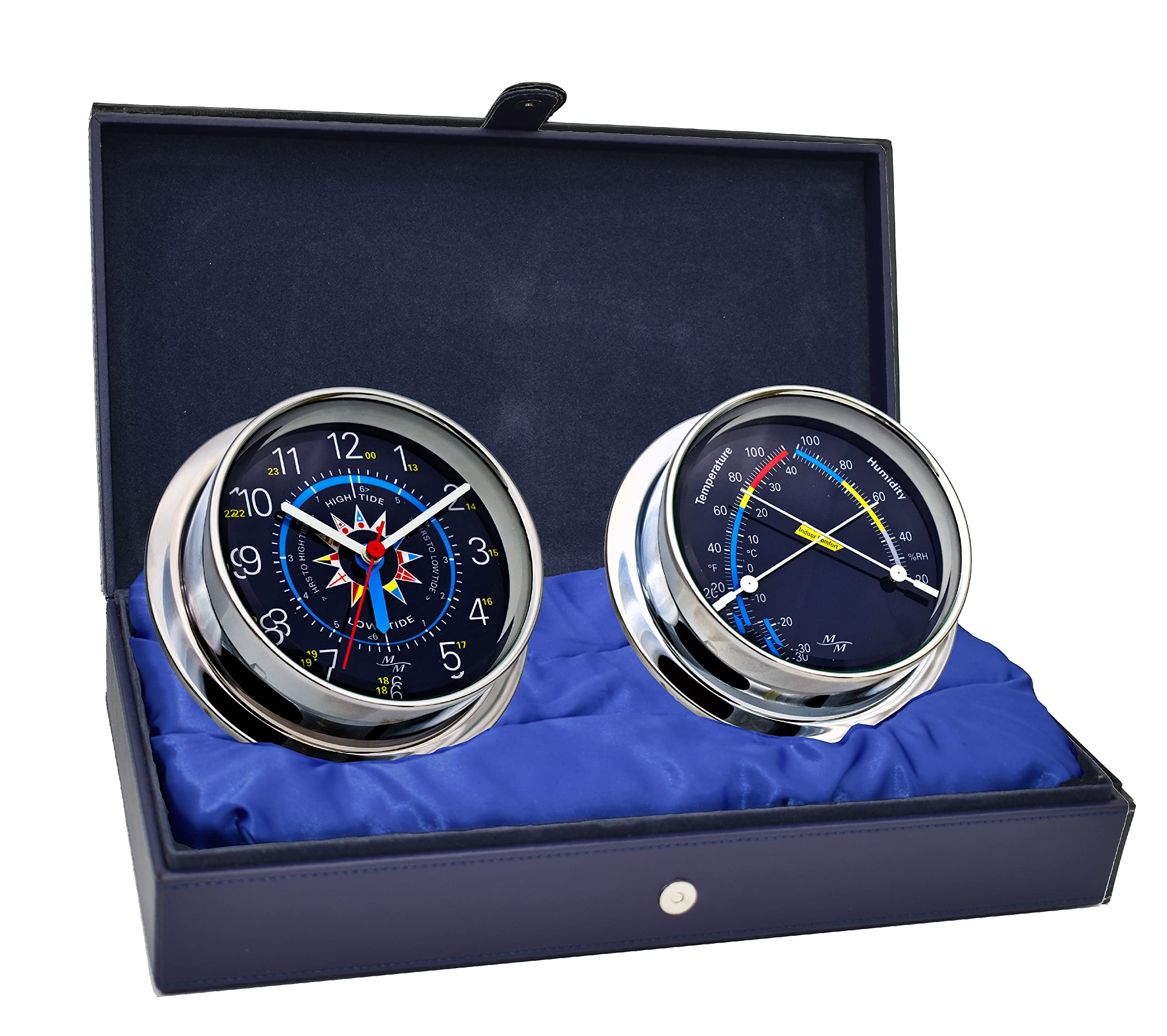 Master-Mariner Blue Mariner Collection, Nautical Cabin Gift Set, 5.75” Diameter Time & Tide Clock and Comfort Meter Instruments, Chrome Finish, Blue Signal Flag dial