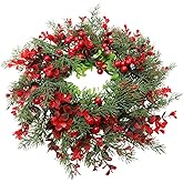 SEWACC Christmas Wreath 30cm Door Wreath Ornament with Pine Needles and Red Berries Artificial Pine Wreath for Front Door Christmas Winter Decoration