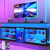 71" LED TV Stand with Power Outlet,60-Colors LED Lights For 65 70 80 in TV,High Gloss Gaming Entertainment Center w/Adjustable Shelves,Black TV Console with Modern Design for Living Room Bedroom