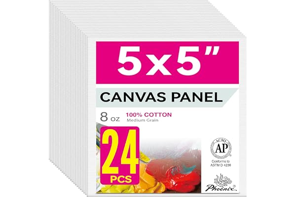 PHOENIX Painting Canvas Panels 5x5 Inch, 24 Bulk Pack 8 Oz Triple Primed Cotton Acid Free Canvases for Painting, White Blank