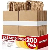 XPCARE 200Pack Paper Bags 8x4.5x10 Inch, Plain Medium Paper Bags with Handles Bulk, Kraft Paper Gift Bag, Retail, Party, Shopping, Favor Bag (Brown)