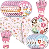 141pcs Donut Birthday Party Supplies, Includes Dinner Plate Dessert Plate Paper Napkin Cup Knife Fork Paper Straw Tablecloth Baby Shower Candyland Birthday Decorations set