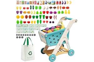 Jovow 102pcs Kids Shopping Cart Trolley Play Set with Pretend Food and Accessories,Perfect for Ages 3+ Pretend Play and Role-Playing Games