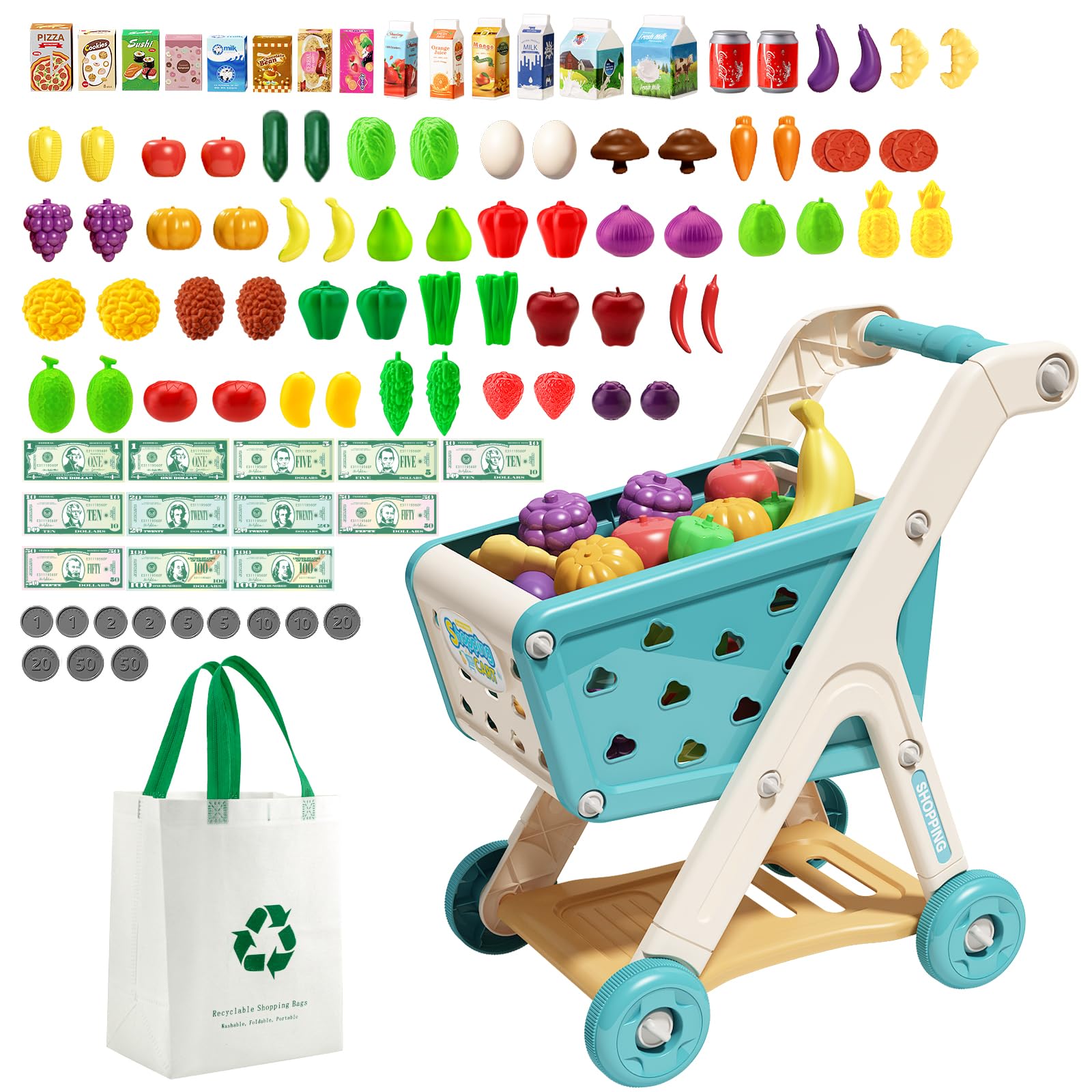 Photo 1 of Jovow 102pcs Kids Shopping Cart Trolley Play Set with Pretend Food and Accessories,Perfect for Ages 3+ Pretend Play and Role-Playing Games