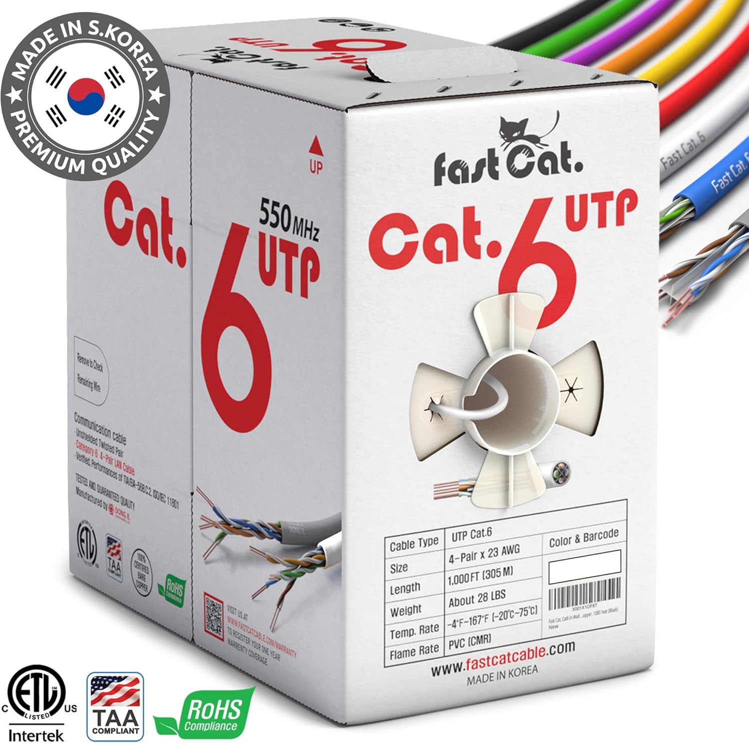 fast Cat. Cat6 Ethernet Cable 1000ft - Insulated Bare Copper Wire Internet Cable with Noise Reducing Cross Separator - 550MHZ / 10 Gigabit Speed UTP LAN Cable 1000 ft - CMR (White)