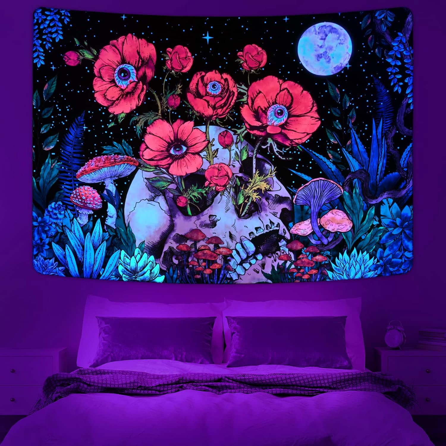 Tapestries - Uspring Blacklight Tapestry Skull Floral Tapestry Trippy UV Mushroom Tapestry Flower Plants Tapestry Glow in the Dark Skeleton Tapestry Wall Hanging for Room (70.9 × 92.5 inches)