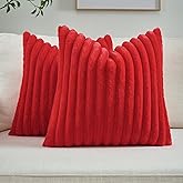 FUTEI Valentine's Day Red Throw Pillow Covers Set of 2, 18x18 Inch Soft Faux Rabbit Fur Striped Texture Cushion Cases, Modern Decorative Couch Pillows for Living Room Bed