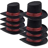 Skylety 8 Pieces Felt Top Hats Mini Black Felt Top Hats with Buffalo Plaid Ribbon for Christmas Snowman Doll Craft Decoration