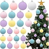 Menkxi 33 Pcs Pastel Christmas Tree Ornaments 1.57-2.36 Inch Velvet Macaron Christmas Ball Ornaments Hanging Pink Yellow Blue White Purple Flocked Xmas Decoration for Xmas Holiday Fireplace Decor