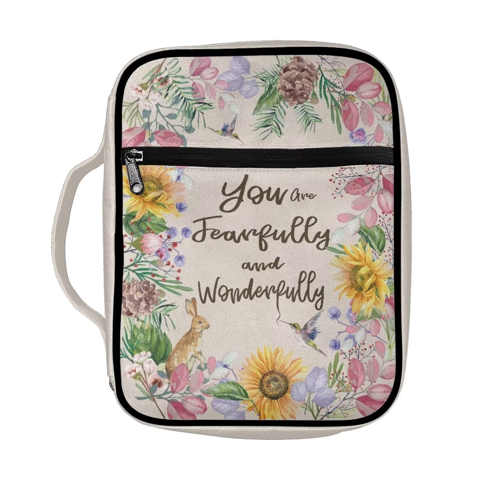 SEANATIVE Bible Cover Portable Carrying Book Case for Women, Vintage Sunflower Birds Floral Print Travel Bible Storage Bag with Handle and Zipper