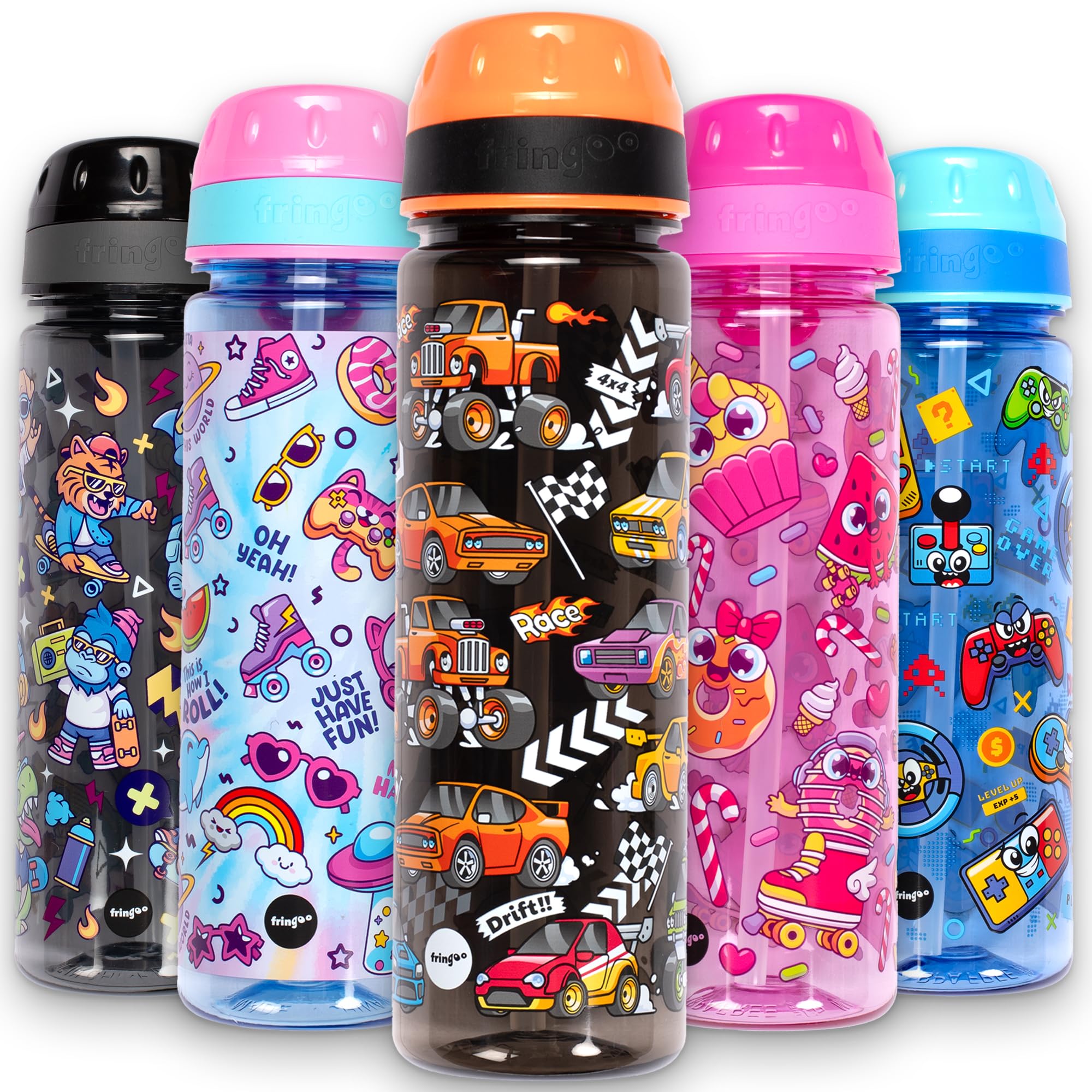 Fringoo Kids School Water Bottle - 650ml Straw Bottle with Carry Handle, Very Durable & 100% Leakproof, BPA-Free (Race Cars)