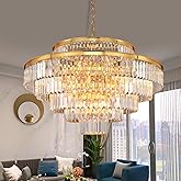 Lt-vt 31" Gold Crystal Chandelier, Modern 6-Tier Ceiling Light with Clear Crystal Prisms, Luxury Pendant Lighting for Dining 