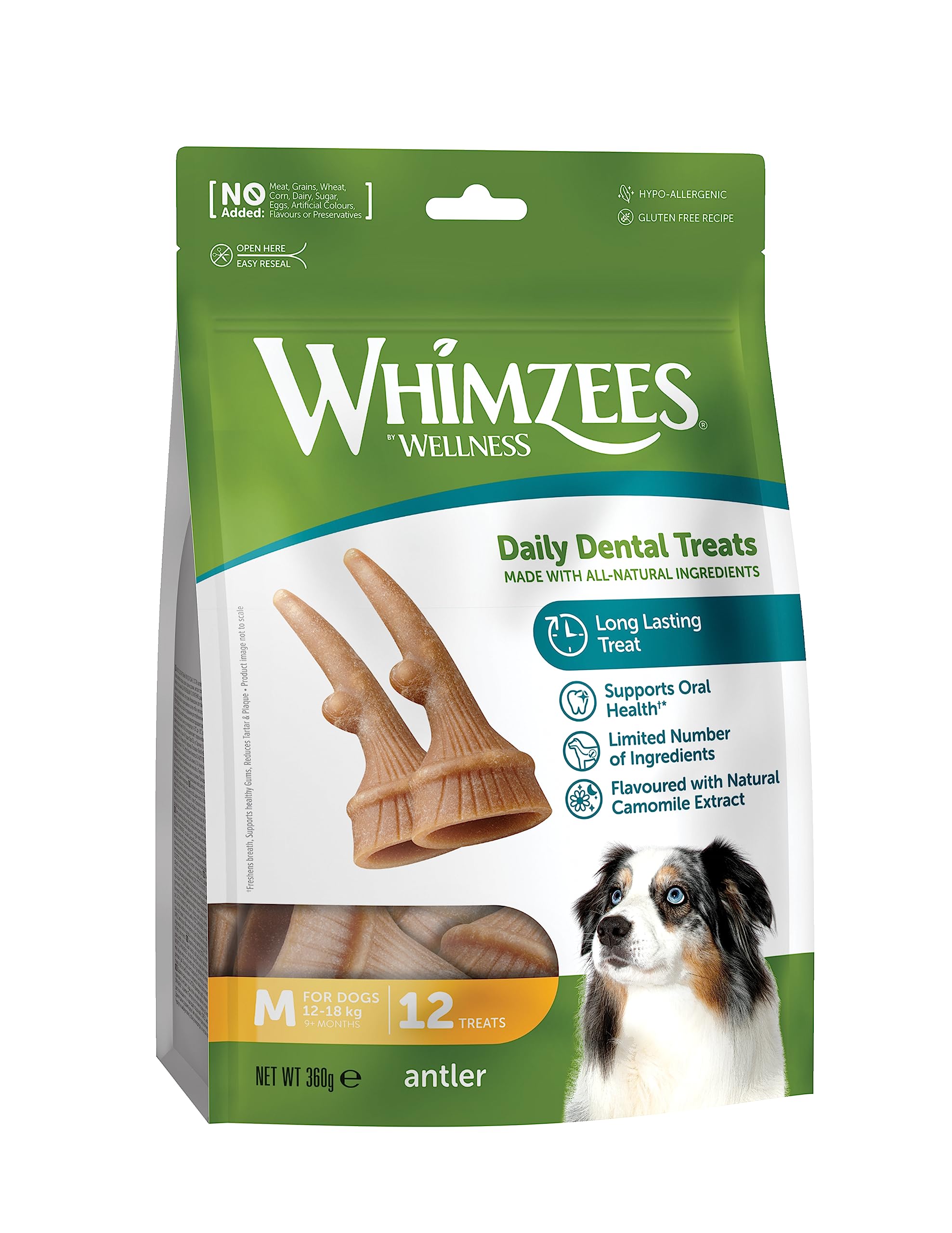 WHIMZEES Antler M, 12 Pieces – Dog Dental Stix, Size M, Dog Dental Sticks for Medium Breeds, Natural and Grain Free, Rawhide-Free, Vegetarian, No Added Sugar