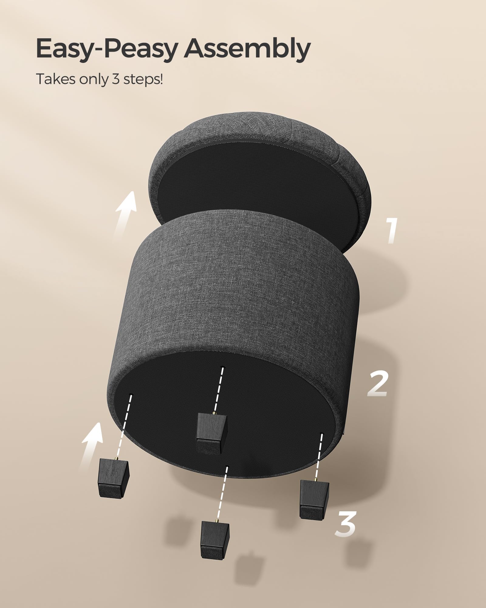 SONGMICS Round Ottoman, Ottoman with Storage, 17.7 Dia. x 17.5 H Inches Foot Rest with Legs, Load up to 330 lb, for Living Room, Bedroom, Dark Gray ULOM011G01 - Image 8