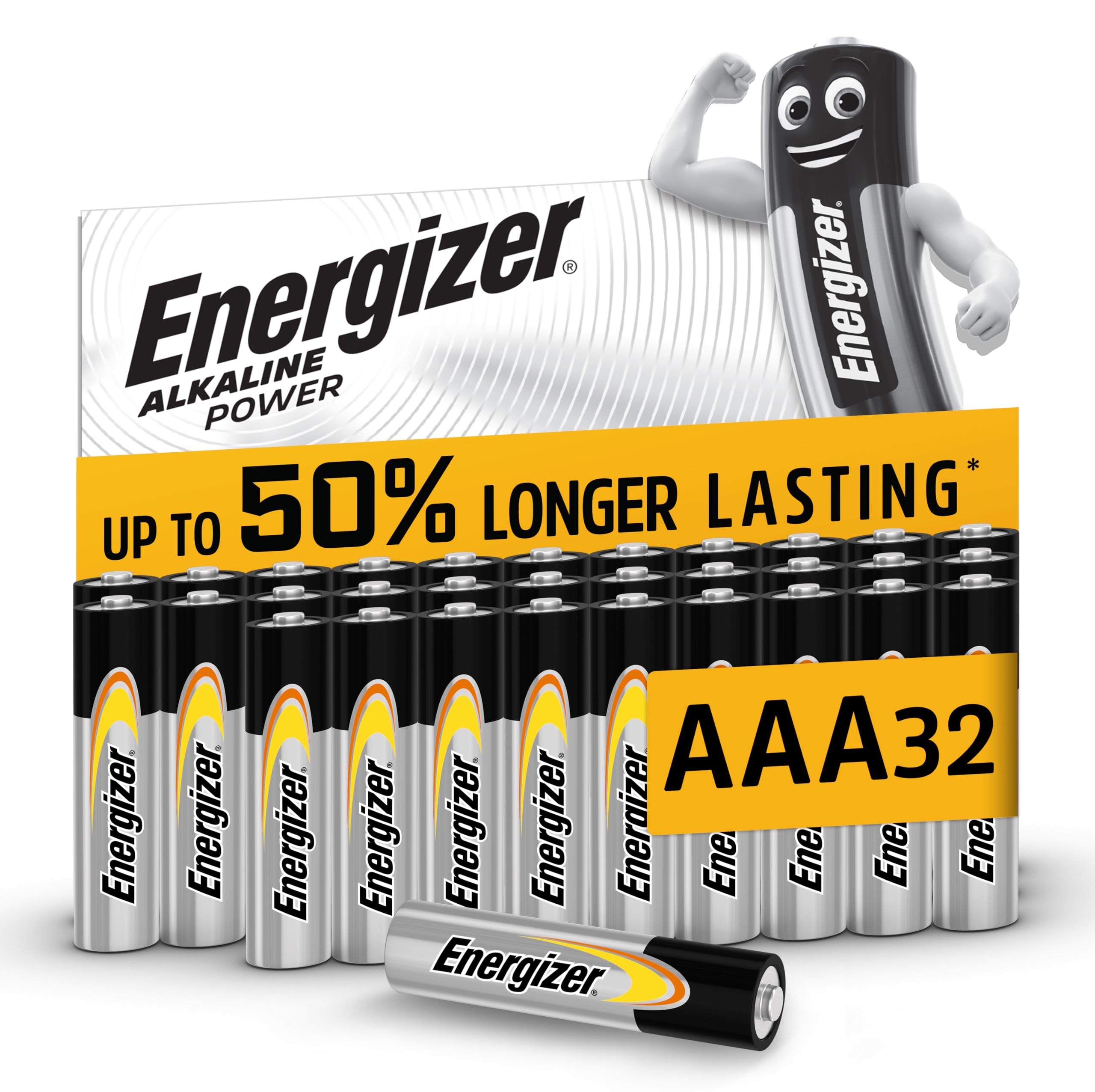 Energizer Alkaline Power - AAA Batteries (32 Pack) - Triple A Battery 1.5V - Up To 50% Longer Lasting - For Everyday Devices - 100% Recyclable Packaging - 7 Year Shelf-Life [Amazon Exclusive]