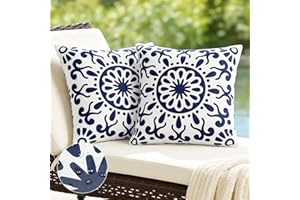 QoBexim Set of 2 Outdoor Waterproof Pillow Covers 18x18 Inch, Navy Blue Morocco Tile Floral Decorative Throw Pillow Cover, Ab