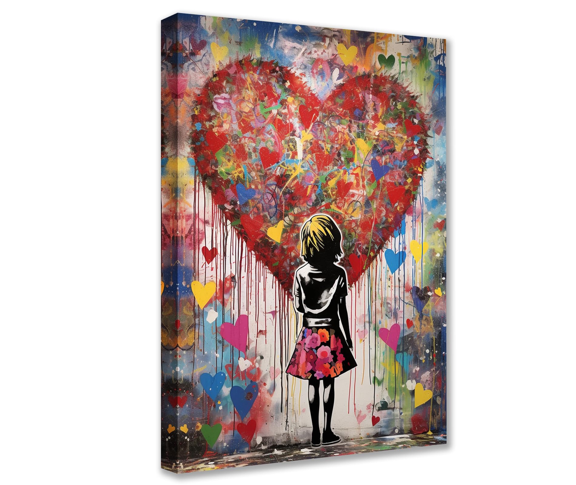 Tucocoo Banksy Street Love Family Wall Canvas – Colorful Graffiti Paintings with Inscription "Little Girl" – Modern Artwork – Interior Decoration for Living Room – Ready to Hang Wooden Frame