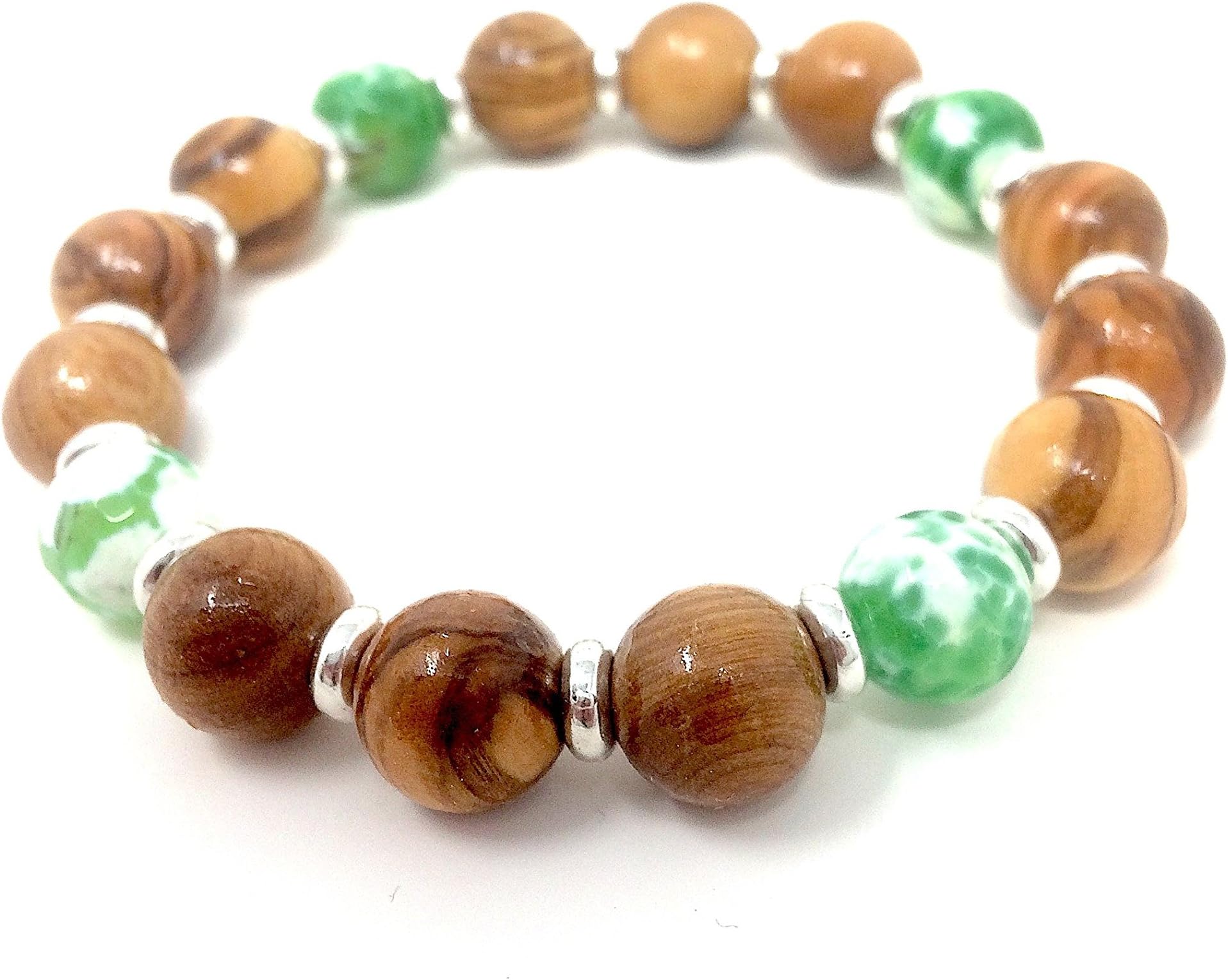 Bracelet made of olive wood beads (12mm) and green white glass beads (10mm) with metal rings - handmade in Mallorca - bagusto