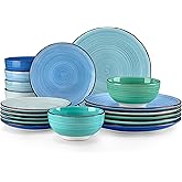 vancasso Bonita Dinnerware Set Blue Stoneware 18 Pieces Service for 6, Handpainted Spirals Pattern Stoneware Plates and Bowls Set