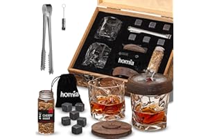 HOMIA Whiskey Gift Set, 13 pcs Wooden Smoker + Old Fashioned Glasses - 2 pcs, in Wooden Box with Wood Chips, Whiskey Stones 6 pcs Included - Gift for Men (Torch Not Included)