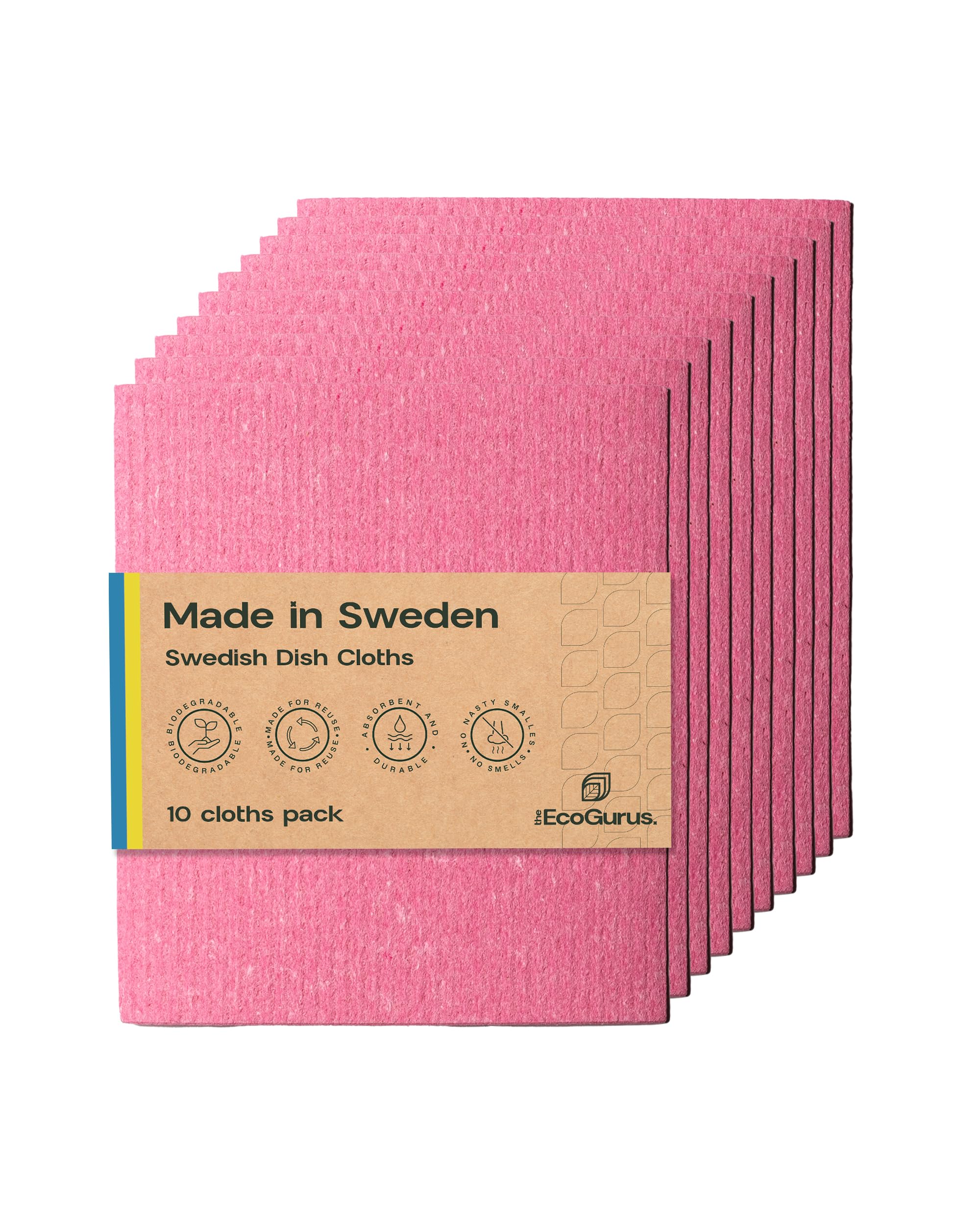 The EcoGurus 10 Pack Odour-Resistant Reusable Cleaning Cloths | Original Swedish Dishcloth | Made in Sweden | Suitable for All Surfaces | Biodegradable Cellulose Sponge | Kitchen & Bathroom | Pink
