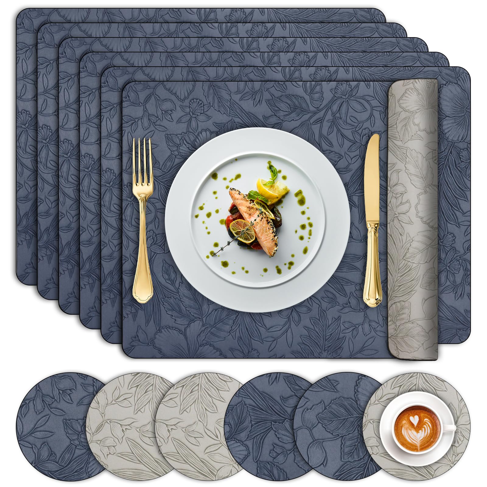 Table Mats Set of 6, Dual Sided Faux Leather Placemats and Coasters Heat-Resistant Washable Non Slip, Waterproof Floral Place Mat 30x43 cm, Wipeable Easy Clean for Kitchen Dinning Restaurant,Blue Grey