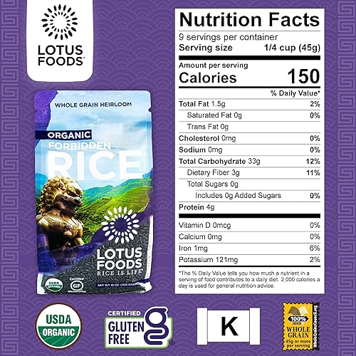 Lotus Foods Forbidden Black Rice - 15 Oz Heirloom Purple Rice Gluten Free Non-GMO
