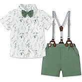 SOLOYEE Toddler Baby Boy Outfits 1-6T Boys Dress Clothes Suit Cotton Linen Short Sleeve Shirts+Bowtie+Suspender Shorts Set