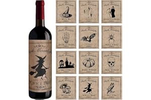 Perkoop 12 Pieces Halloween Wine Bottle Labels Halloween Beer Bottle Labels Sticker Waterproof Wine Bottle Label Stickers Vintage Bottle Label Stickers with Hat Spider Patterns for Halloween,12 Styles