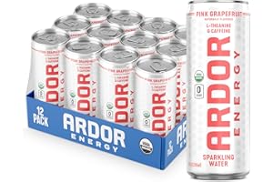 ARDOR ENERGY Sparkling Water with 100mg Natural Caffeine & 200mg L-Theanine from Organic Green Tea for Smooth Energy & Focus | Healthy Energy Drink | No Sugar, Zero Calories, Vegan, Gluten-Free | Pink Grapefruit (Pack of 12, 12oz cans)