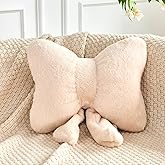 XVTRU Beige Bow Pillow, Soft Bow Decorative Pillows with Faux Rabbit Fur, Cute 12" Bow Throw Pillows, Aesthetic Home Decor Bo
