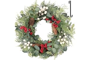 NISOGER 22 Inch Christmas Wreath with Hanger, Christmas Wreaths for Front Door with Red White Berry Pine Cone Xmas Wreaths for Front Door Wall Home Outdoor Decor