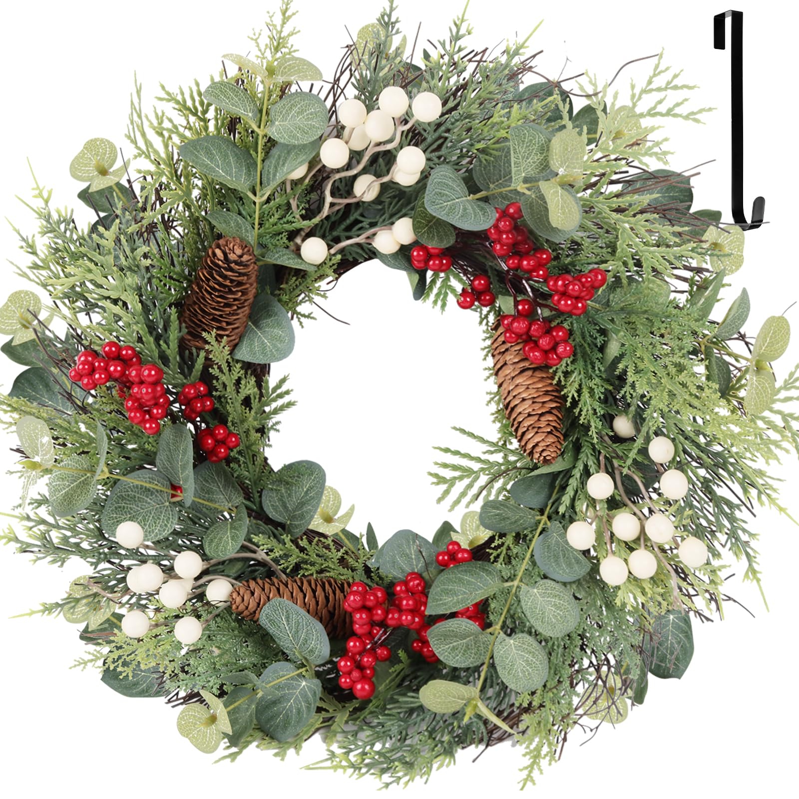 Photo 1 of 22 Inch Christmas Wreath with Hanger, Christmas Wreaths for Front Door with Red White Berry Pine Cone Xmas Wreaths for Front Door Wall Home Outdoor Decor