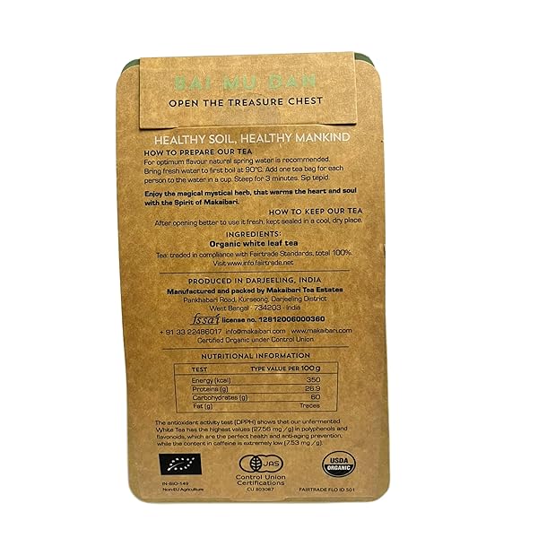 MAKAIBARI BAI MU DAN WHITE PEONY TEA 25 TEA BAGS (50G) PACK | PURE USDA ORGANIC DARJEELING WHITE TEA FROM HIMALAYAS, DELIGHTFULLY RICH FLAVOR & AROMA, LOWER CAFFEINE ALTERNATIVE TO COFFEE| 25 CUPS