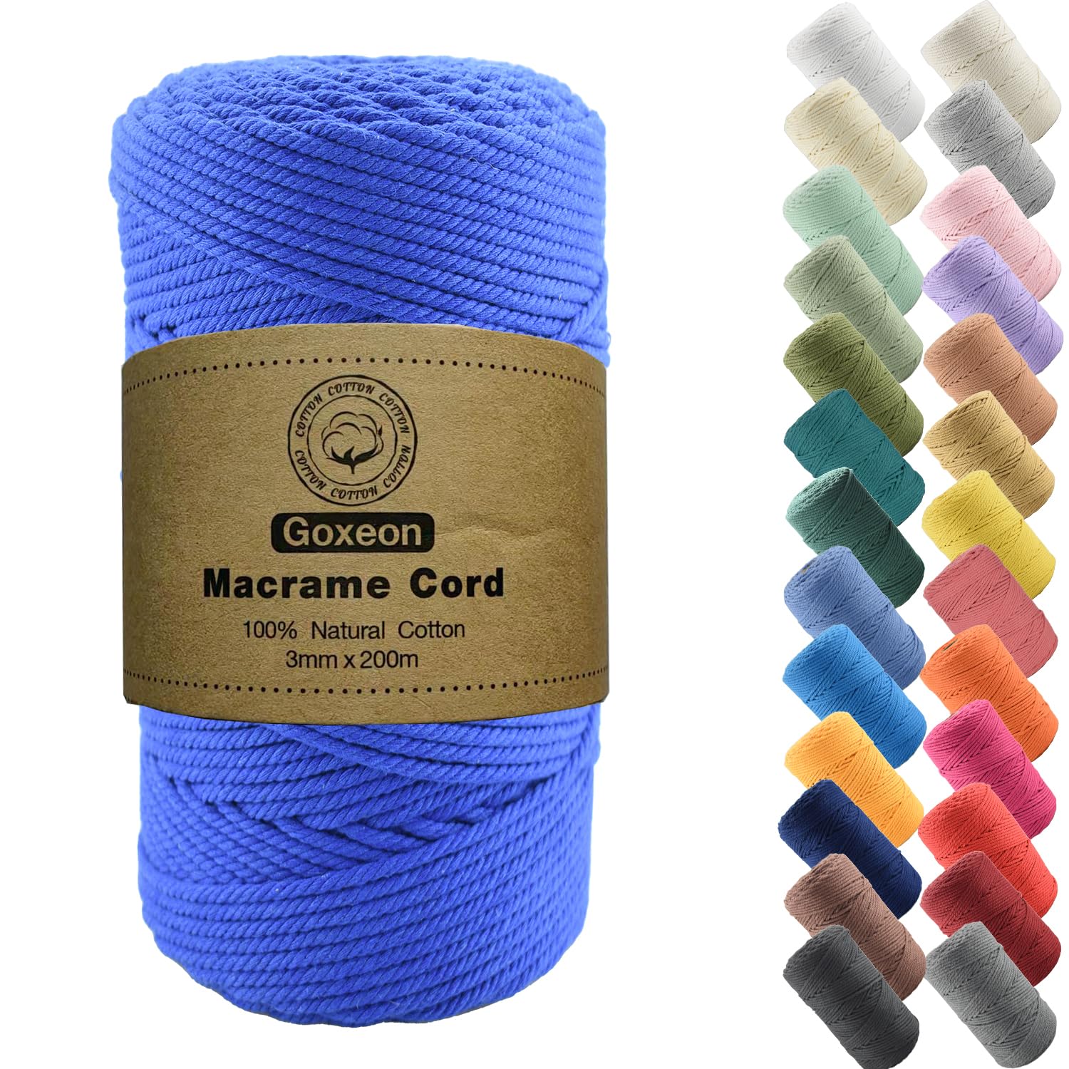 3mm x 200m Macrame Cord Cotton Cord - 4 Strand Twisted Natural Cord for Wall Hanging, Plant Hangers, Crafts, Knitting(Dark Blue)