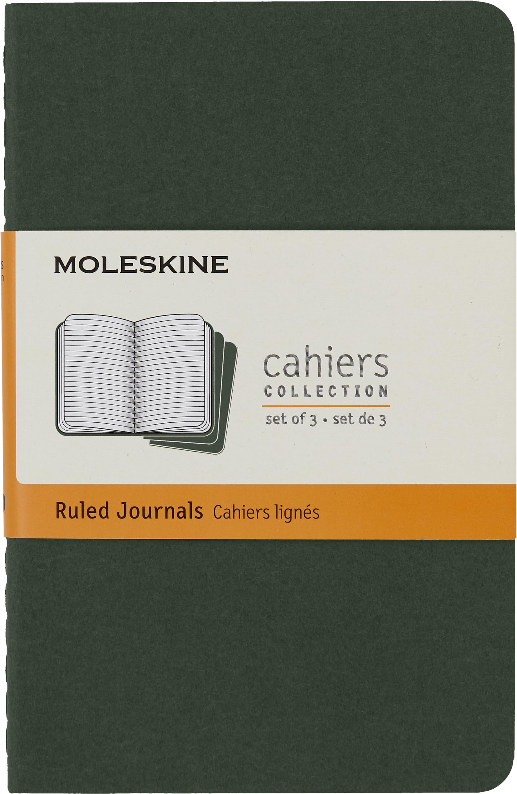 Moleskine Cahier Journal, Set 3 Notebooks with Ruled Pages, Cardboard Cover with Visible Cotton Stiching, Colour Myrtle Green, Pocket 9 x 14 cm, 64 Pages