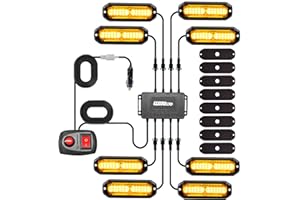 WINECO Amber 8PCS LED Strobe Lights Kit 12V 24V Sync Feature 12 LED Emergency Hazard Warning Lights with Strobe Controller for Trucks Vehicles ATV RV Cars Van