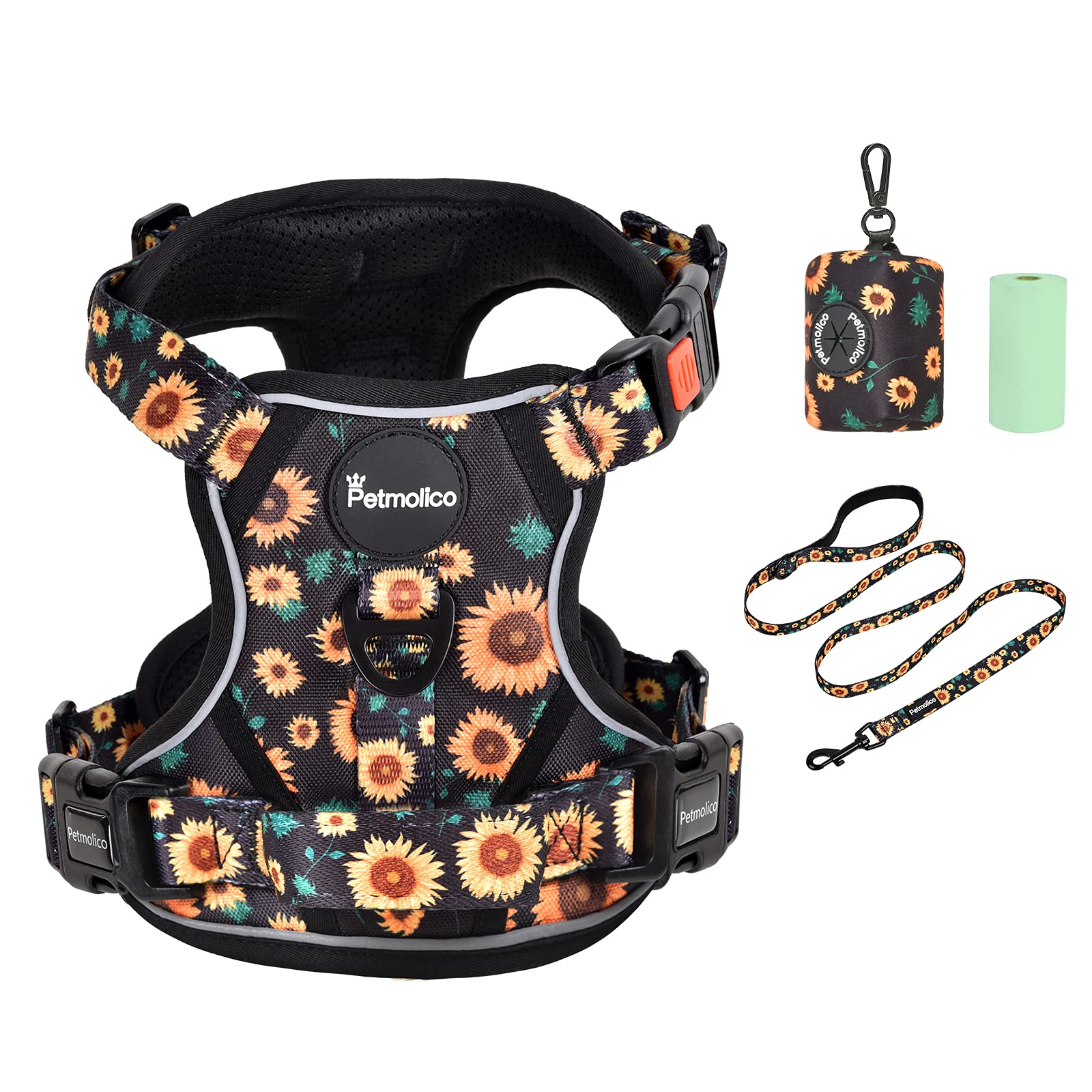 Petmolico No Pull Dog Harness Set with Leash Attachment Easy Control Handle Reflective Harness Vest Small Breed, Puppy Vest and Leash Set with Poop Bag Holder, Medium - Sunflower
