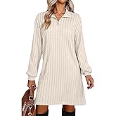 Halife Women's Casual Long Sleeve Fall Dresses V Neck Ribbed Knit Lightweight Sweater Dress with Zippers