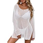 BreathSunny Womens Crochet Oversized Beach Mini Dress Summer 2025 Off Shoulder Side Slit Long Sleeve Bathing Suit Cover Up