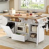Einhomn 65" Kitchen Island with Drop Leaf, Island Table for Kitchen on Wheels with Trash Can Storage and Power Outlet, White